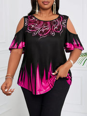 Plus Size Cold Shoulder T-Shirt for Women with Gradient Ombre Print and Paisley Details