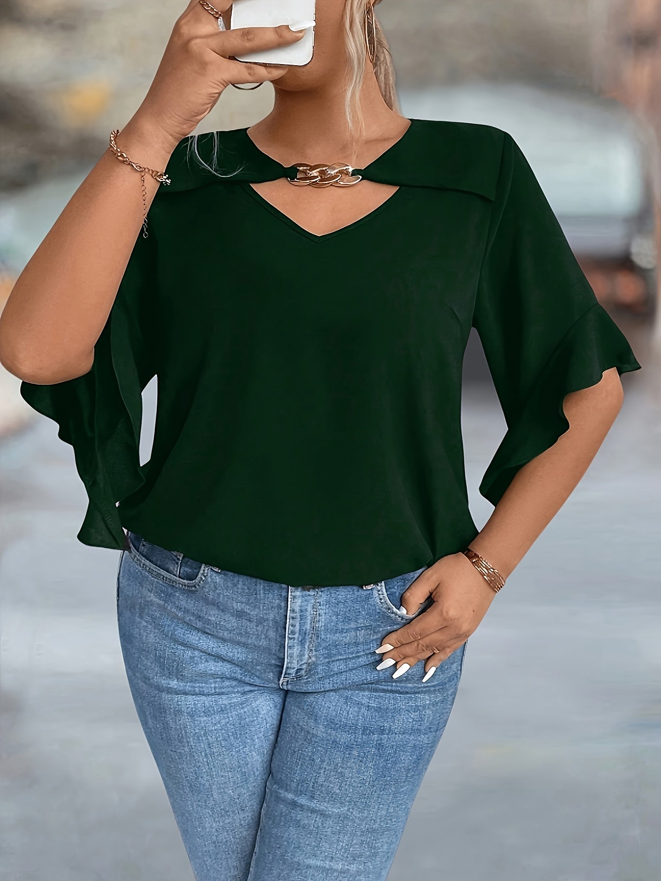 Plus-Size Black V-Neck Women's Top Polyester Spring Summer Shirting
