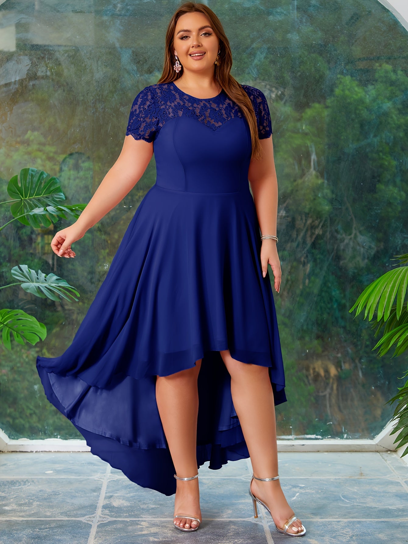 Plus Size Bridesmaid Dress Chiffon Flared Short Sleeve Crew Neck