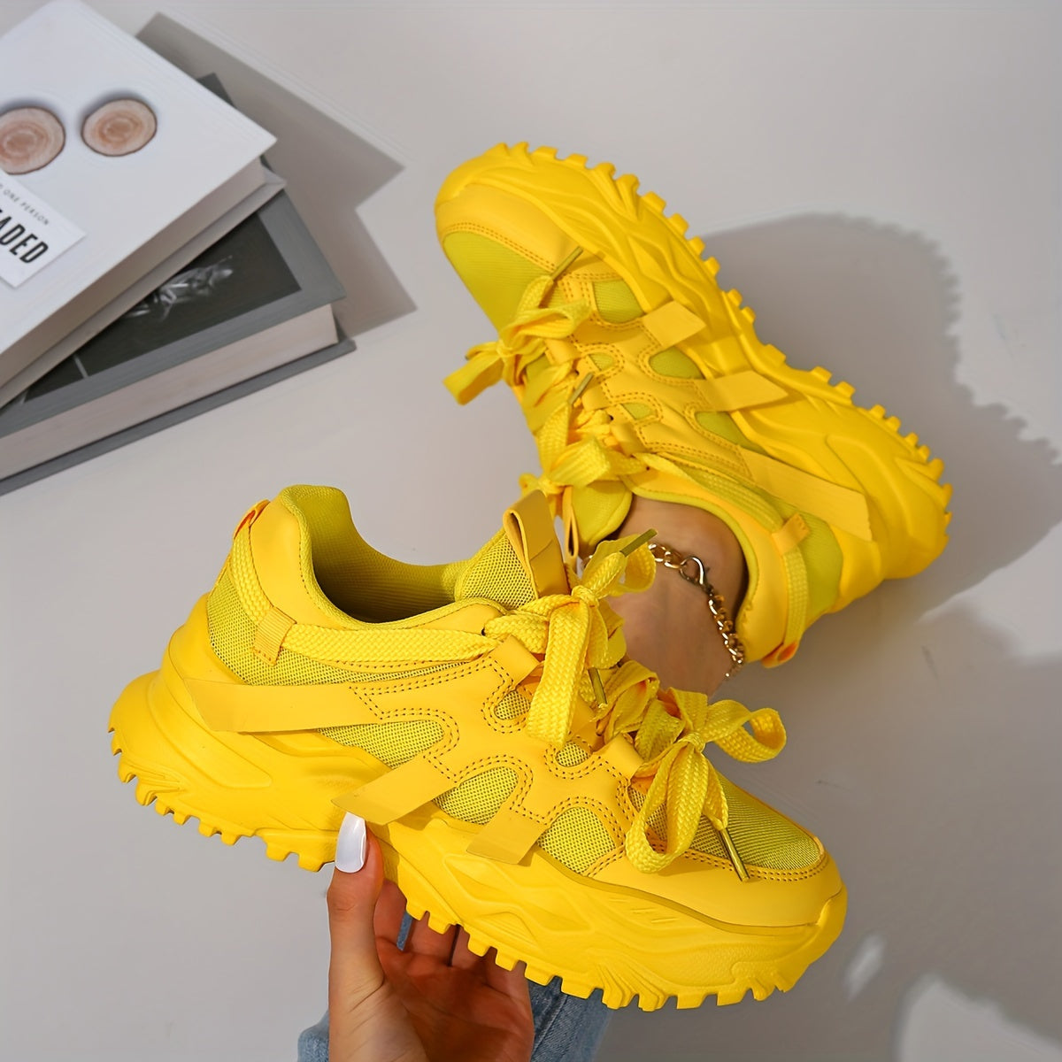 Ladies Casual Chunky Sneakers Bright Yellow Wide Lace-Up Athletic Shoes