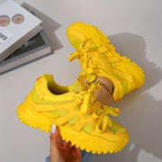 Ladies Casual Chunky Sneakers Bright Yellow Wide Lace-Up Athletic Shoes