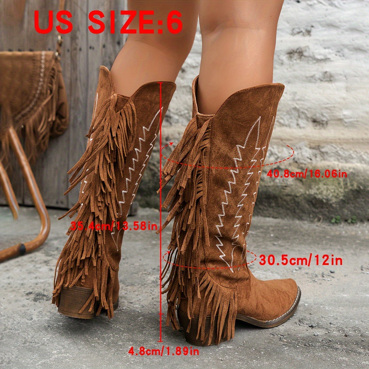 Women's Red Embroidered Western Cowboy Boots with Fringe and Block Heel