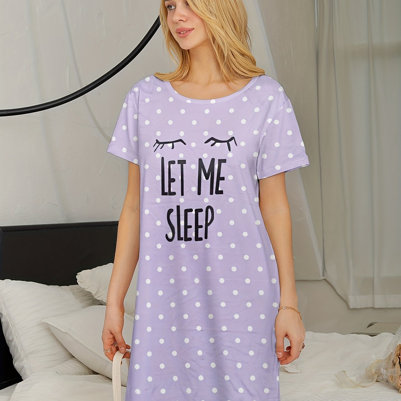 Pink Polka Dot Women's Nightgown Short Sleeve Round Neck Summer Sleep Dress Polyester Elastane