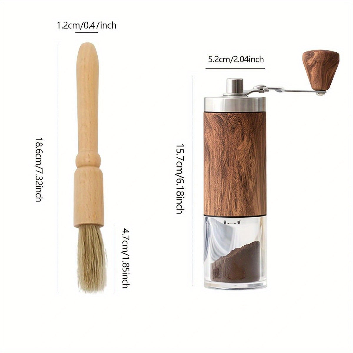2 piezas de molinillo de café portátil de manivela con cuerpo de acero inoxidable, mango de madera y cepillo de limpieza