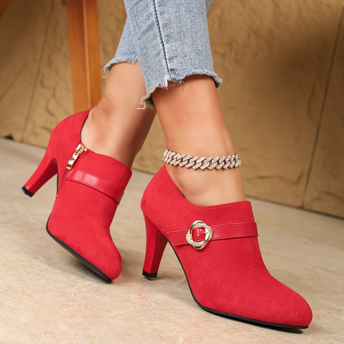 Women's Black Faux Leather Pointed Toe High Heels with Zipper