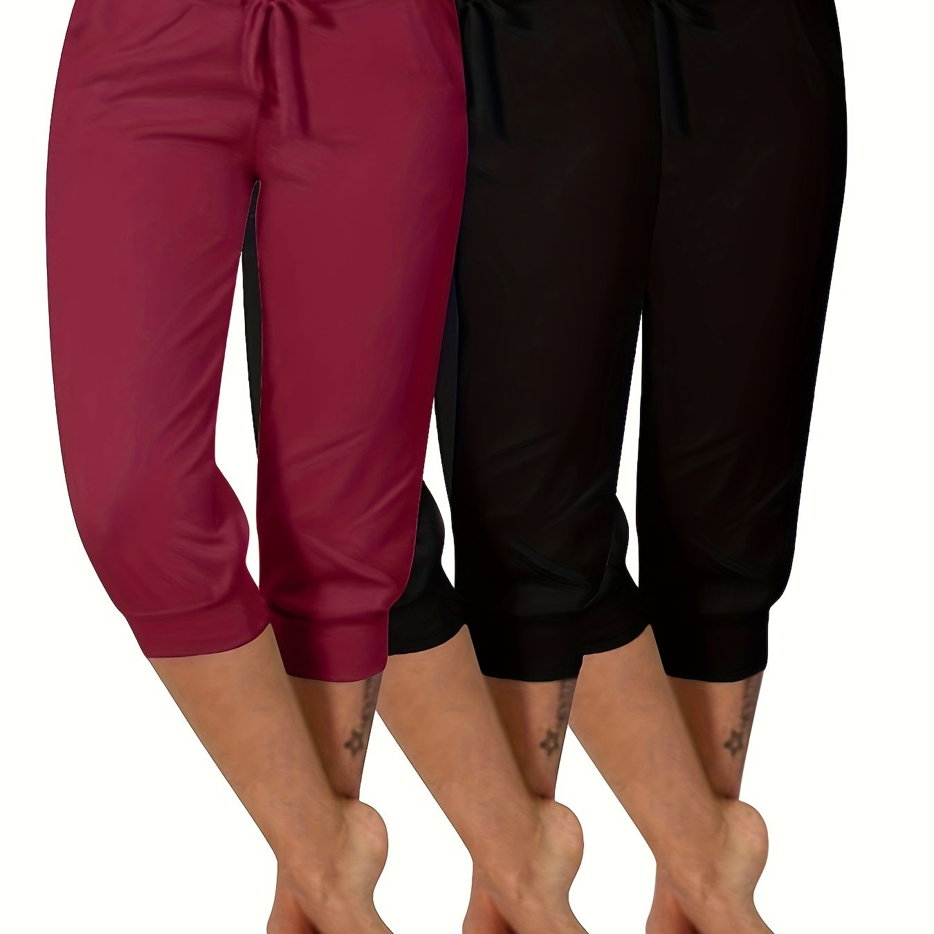 Plus Size Women's Yoga Capris Pack of 3 Maroon Drawstring Pockets Stretch Polyester