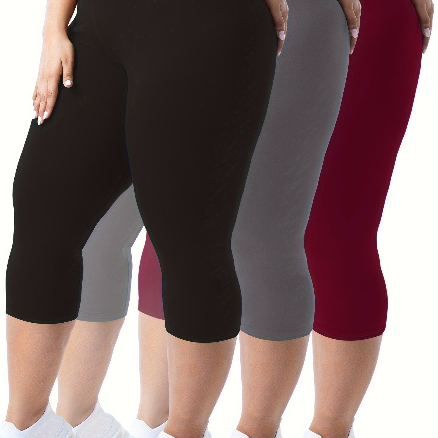 Plus Size Women's High-Waist Capri Leggings Solid Color Stretchy Casual