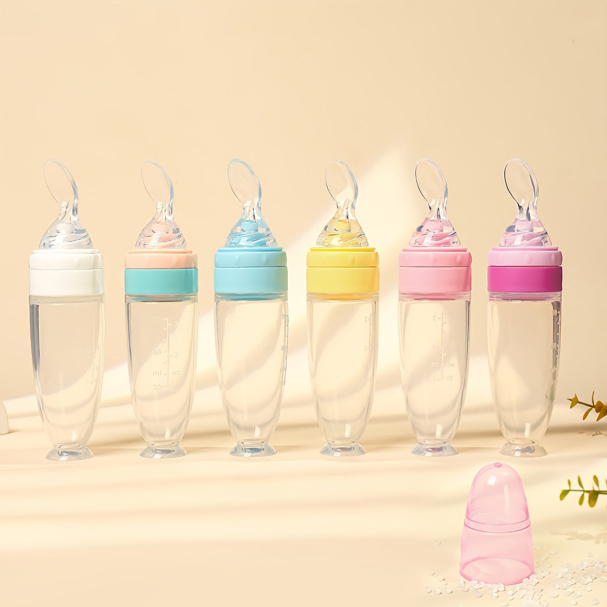 90ml Silicone Baby Feeding Bottle with Soft Spoon Head Self-Feeding Squeeze and Suction Cup in White Red Blue Yellow
