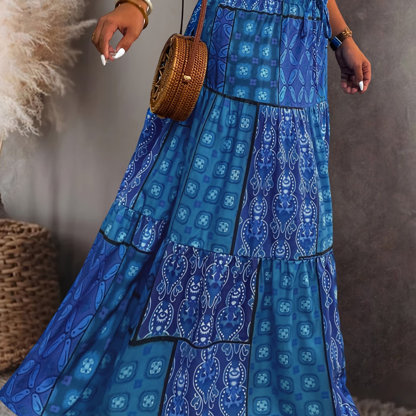 Plus Size Women's Pleated Midi Skirt with Blue Floral Print Adjustable Waist