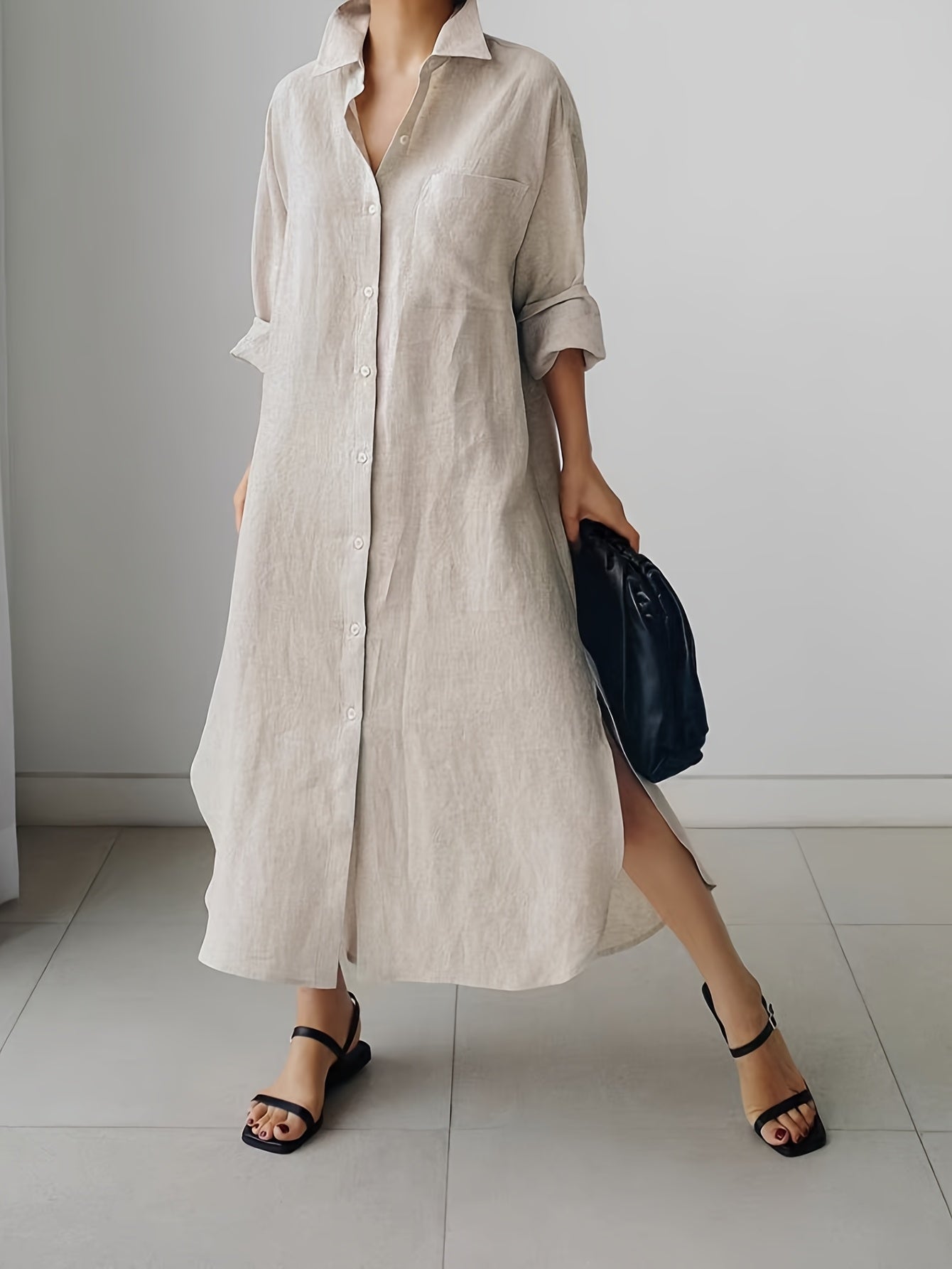 Women's Cotton Long Sleeve Shirt Dress with Split Button Design for Casual Outings