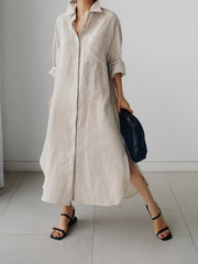 Women's Cotton Long Sleeve Shirt Dress with Split Button Design for Casual Outings