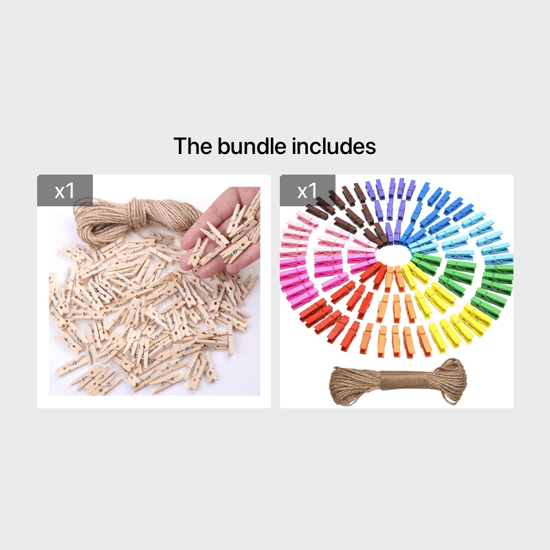 Decorative Photo Clips Set with 5m Hemp Rope for Wall Display