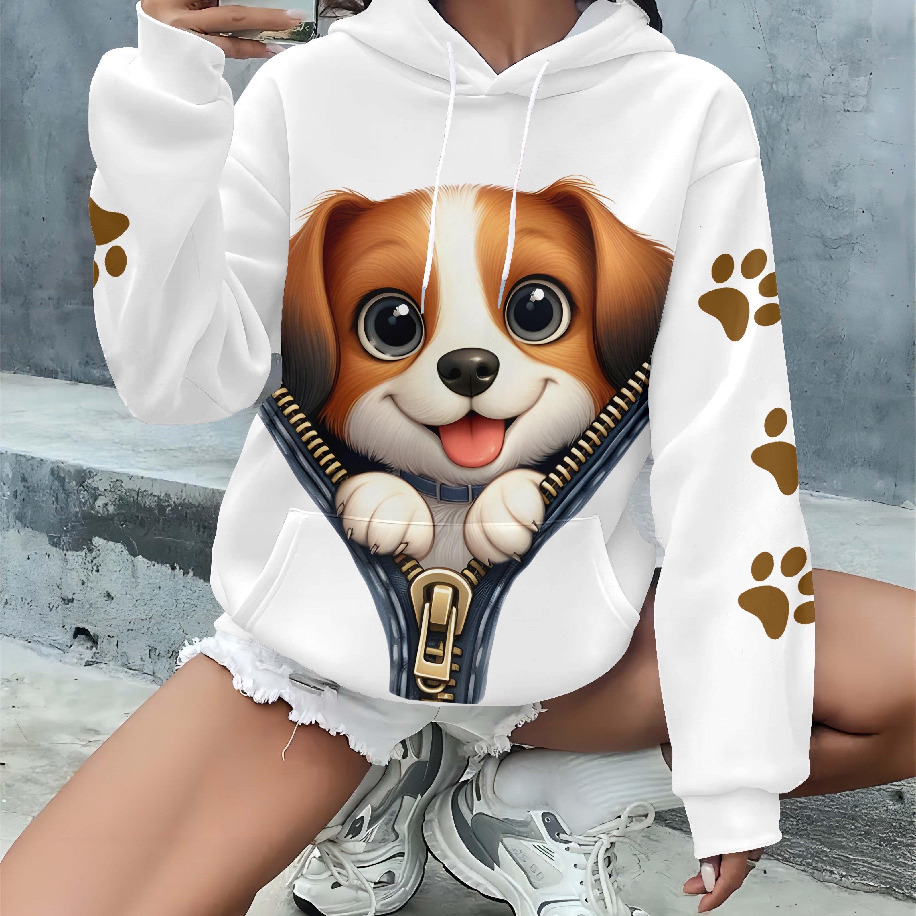 Plus o'lcham Panda bosma chiziqli kapşonli, kundalik uzun qo'l kiyimi, kuz-qish uchun ayollar