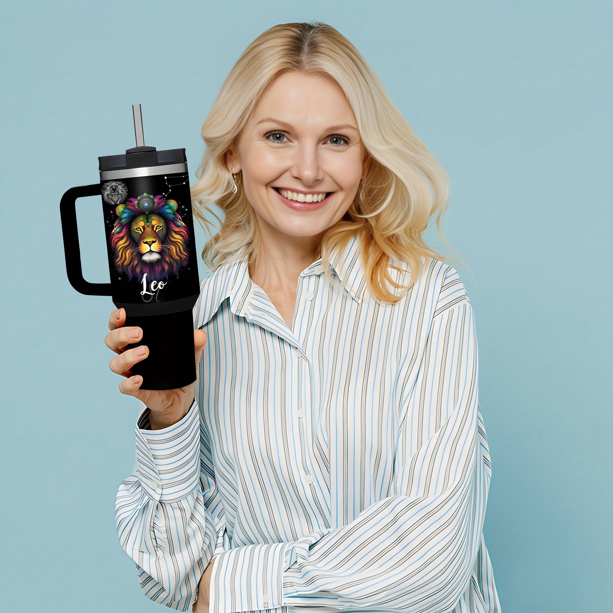 Vaso de acero inoxidable Zodiac de 40oz con asa y pajilla, a prueba de fugas, libre de BPA, taza de café de astrología para hombres y mujeres