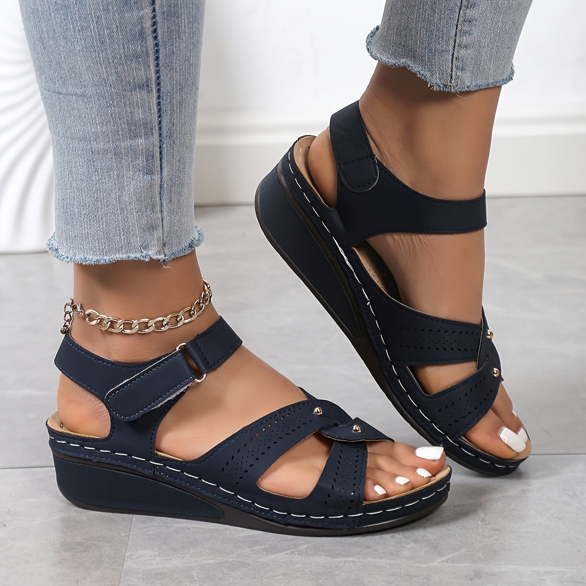 Women's Wedge Sandals Faux Cover Open Toe Floral Accents