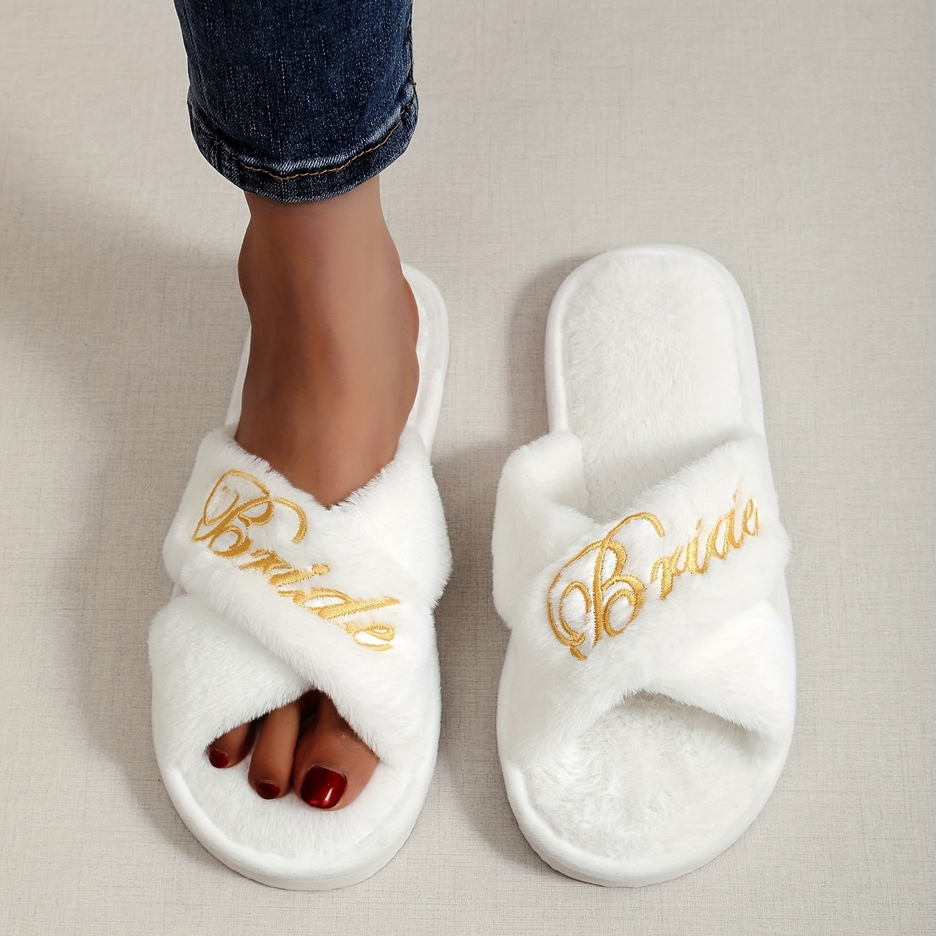 Women's Embroidered Faux Fur Slip-On Slippers White Comfort Wedding Occasion