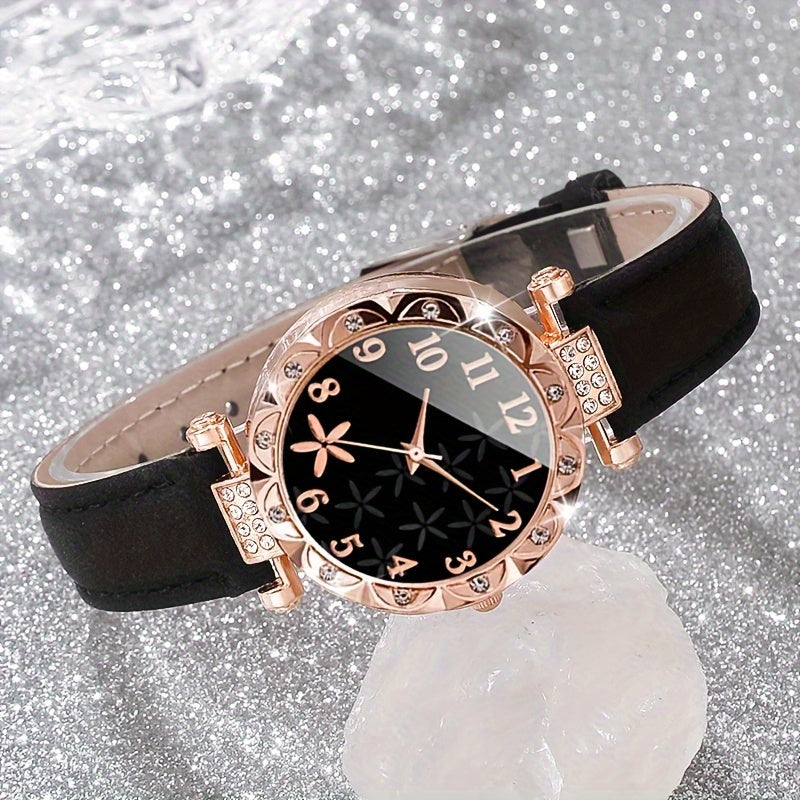 3-Piece Women's Watch Set Quartz Analog Rhinestone Leather Case Jewelry