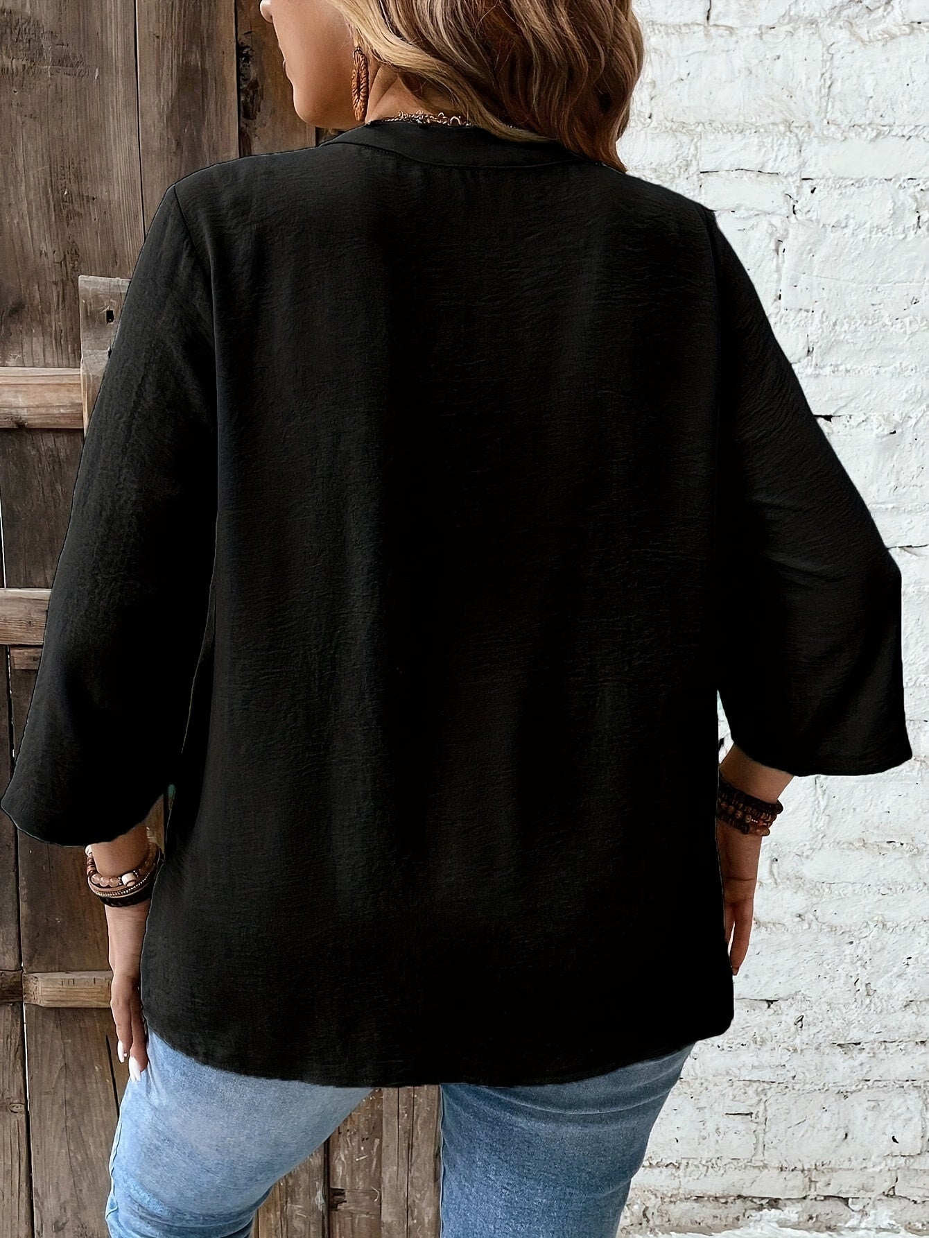 White Plus Size V-Neck Lace Blouse for Women Lightweight Polyester Casual Spring Summer Fall