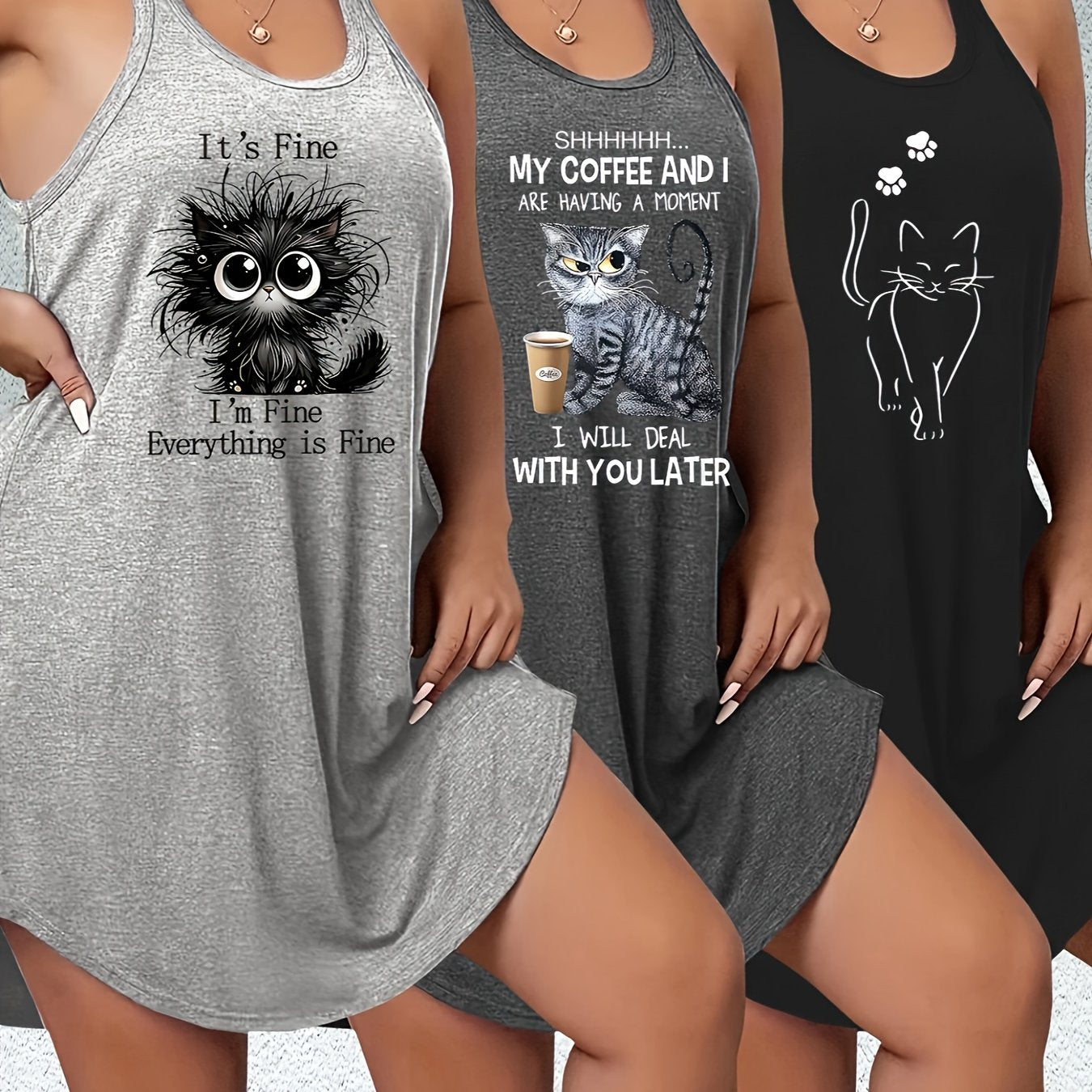 Ayollar uchun katta o'lchamdagi mushuk bosimli tank top va yubka to'plami, polyester, kundalik yozgi kiyim