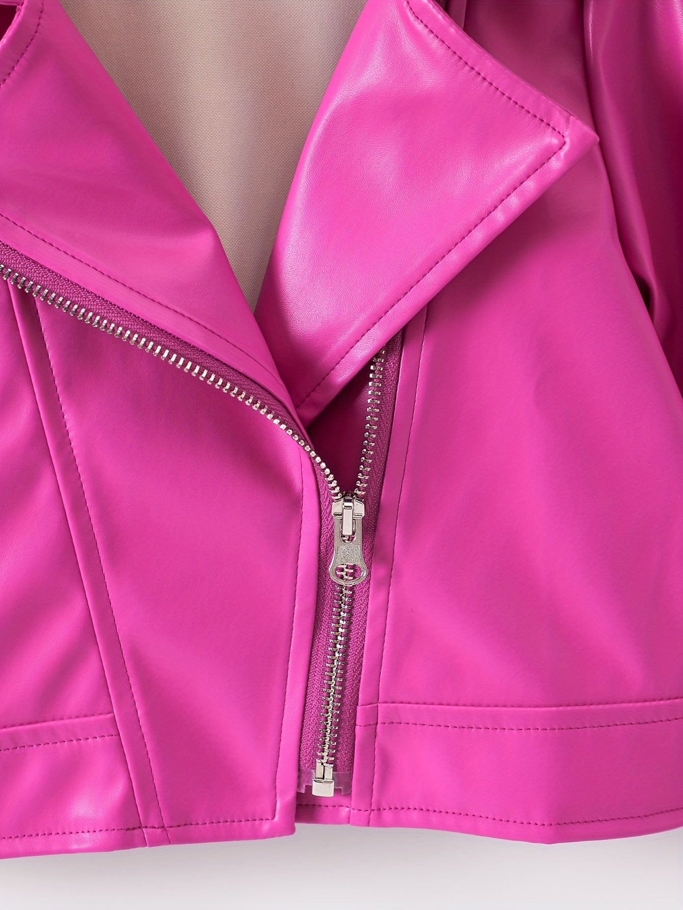 Faux Leather Jacket for Kids with Lapel and Diagonal Zipper Short Length Fall Winter