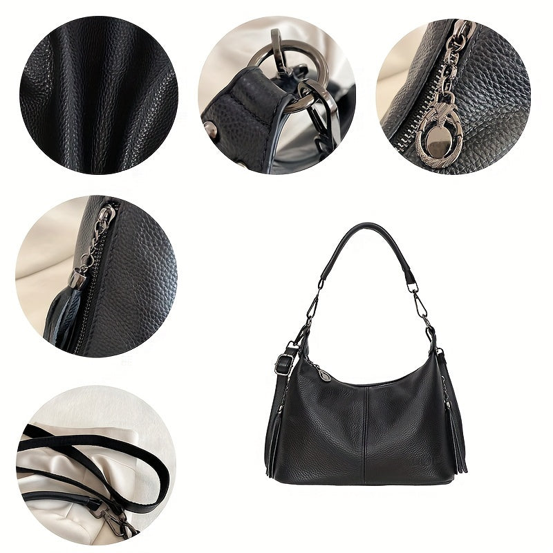 Women's Genuine Leather Shoulder Bag Large Capacity Casual Zipper Closure Adjustable Strap Black Blue