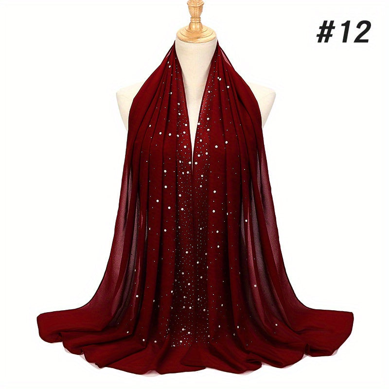Women’s Shimmery Faux Diamond Chiffon Scarf Bubble Shawl Solid Color Breathable Sun Protection