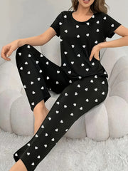 Women's Black Heart Print Pajama Set Jersey Knit Short Sleeve T-Shirt Long Pants