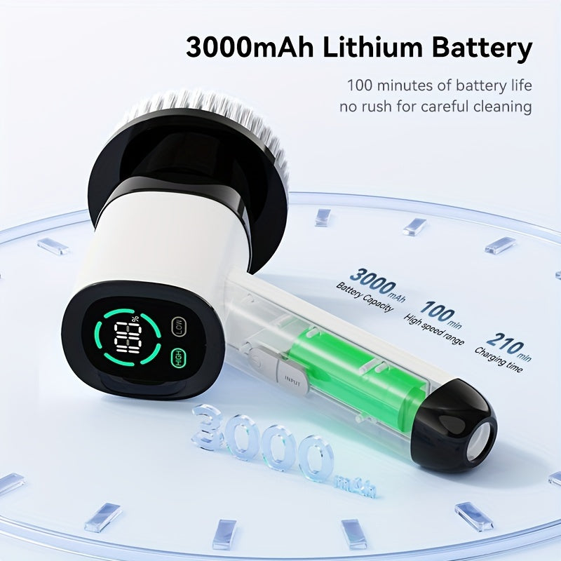 SUNUO Electric Spin Scrubber turli xil tozalash uchun 9 ta cho'tka boshiga ega. Ushbu simsiz pol va plitka tozalagich to'liq tozalash uchun 360° aylanish imkoniyatiga ega va uzaytiriladigan tutqich yuqori yoki past joylarga erishishni osonlashtiradi. USB