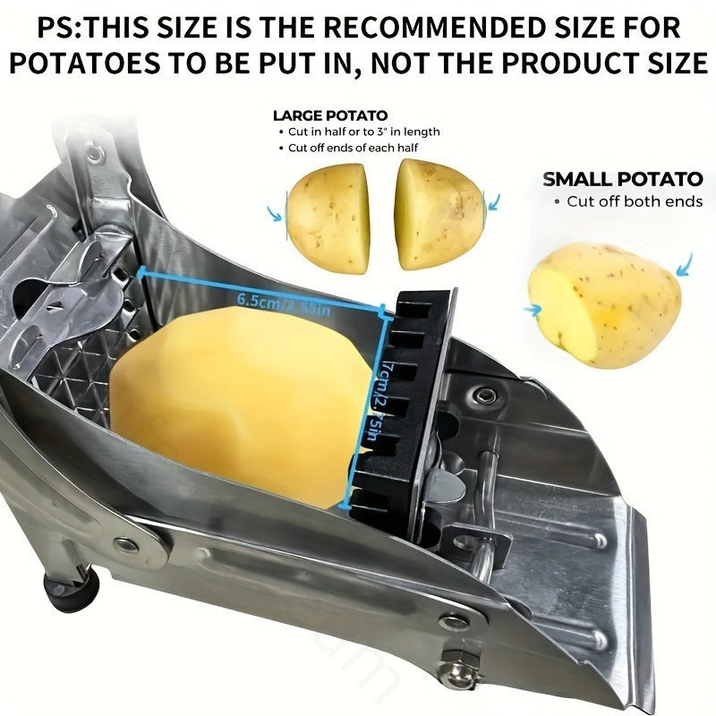 Qoʻlda kesish uchun ikki pichoq bilan stainless steel French fry cutter, kartoshka va boshqa meva va sabzavotlarni kesish uchun. Barqarorlik uchun yopishmaydigan asos. Uy va professional oshxonalarga mos.