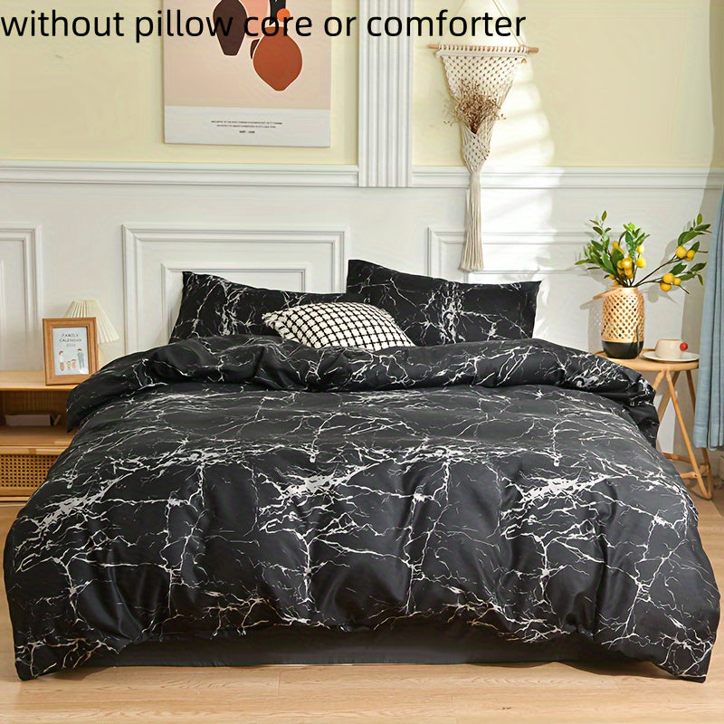 Three-Piece Polyester Quilt Cover Set with Marble Pattern for Bedroom