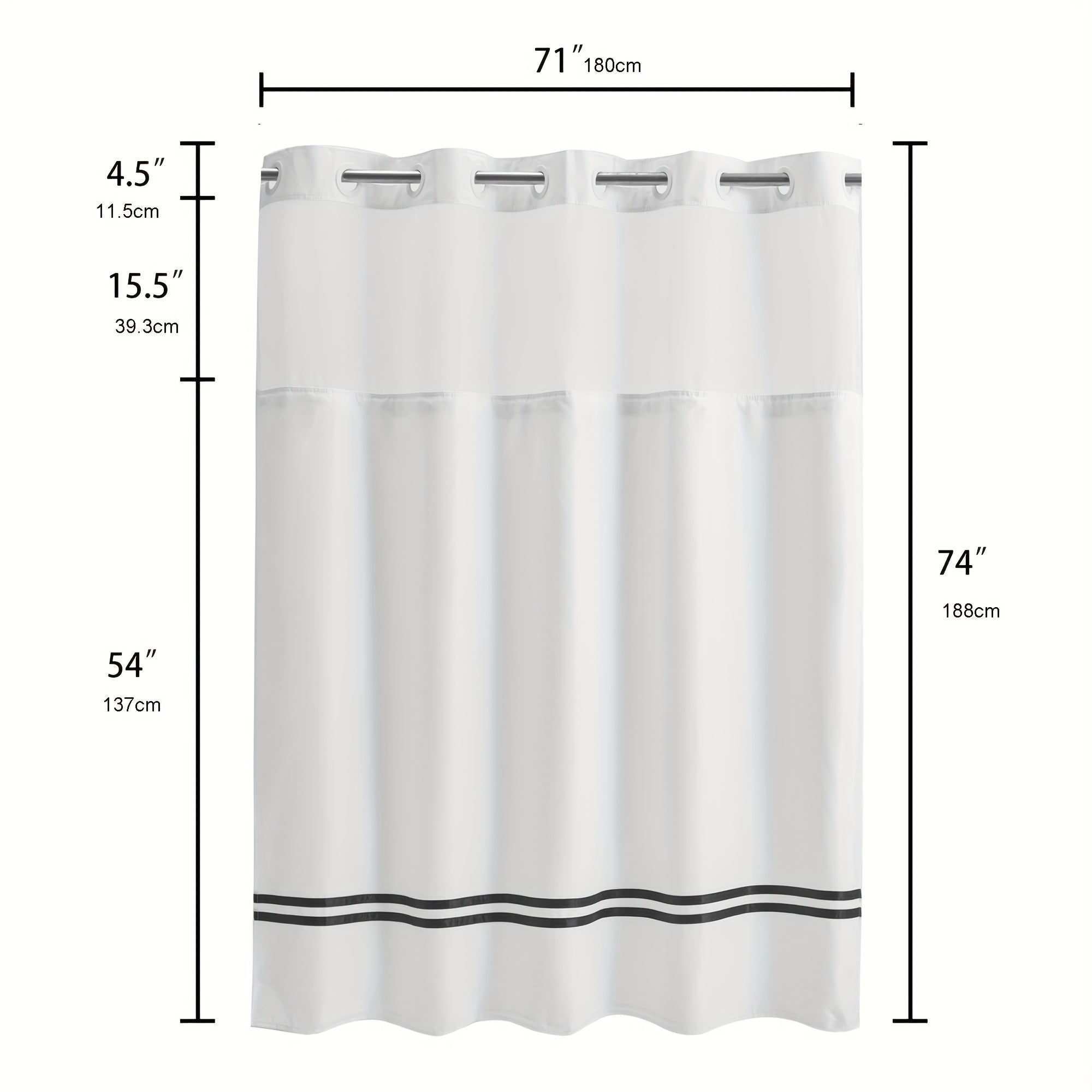 Chiziqli dush pardasi, snap-in astar bilan, tutqichlar talab qilinmaydi, mashinada yuvish mumkin, shaffof yuqori deraza bilan birga. Hammom bo'linmasi va aksessuarlar uchun ideal.