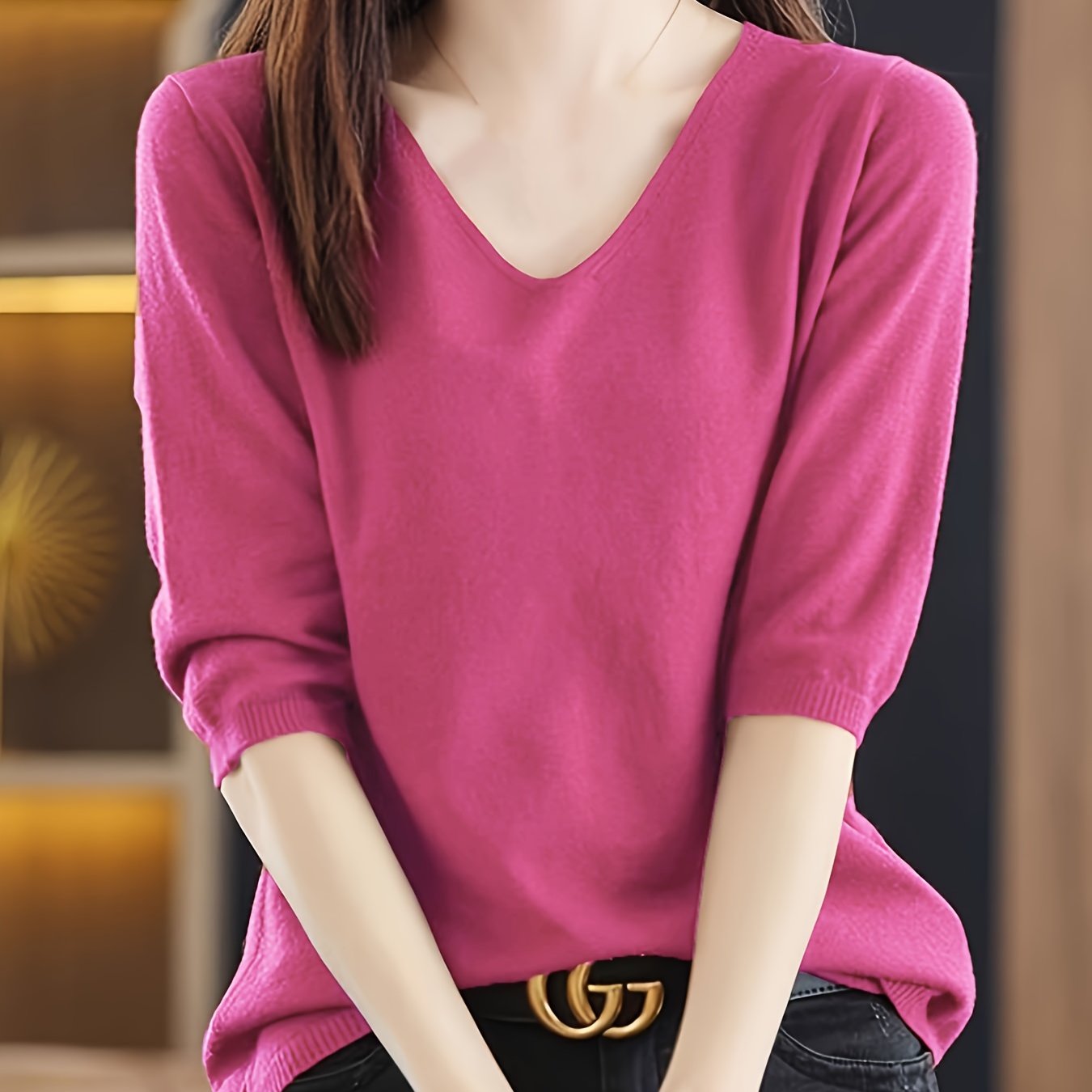 Women's V-Neck Sweater Solid Color Half Sleeve Knit Top for Spring Fall