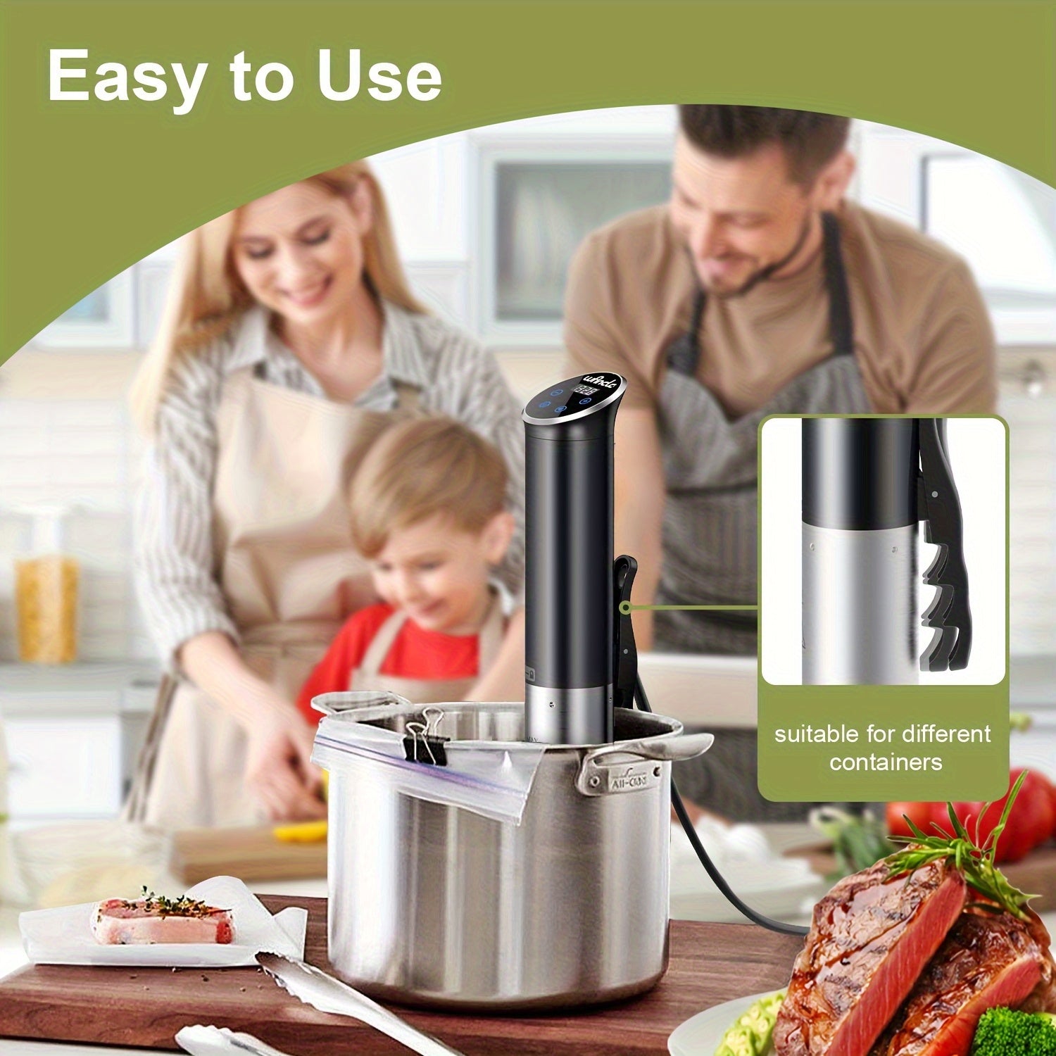 Wancle Sous Vide Cooker 1100W - функция резервирования, дизайн из нержавеющей стали, идеально подходит для стейков, рыбы и овощей. Легко хранить благодаря удобному интерфейсу.