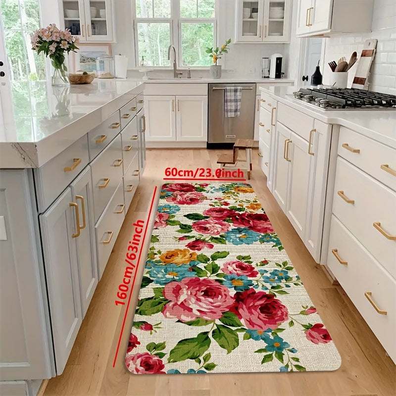 Polyester Kitchen Mat Non-Slip Waterproof Oil-Proof Floral Design Machine Washable Floor Mat