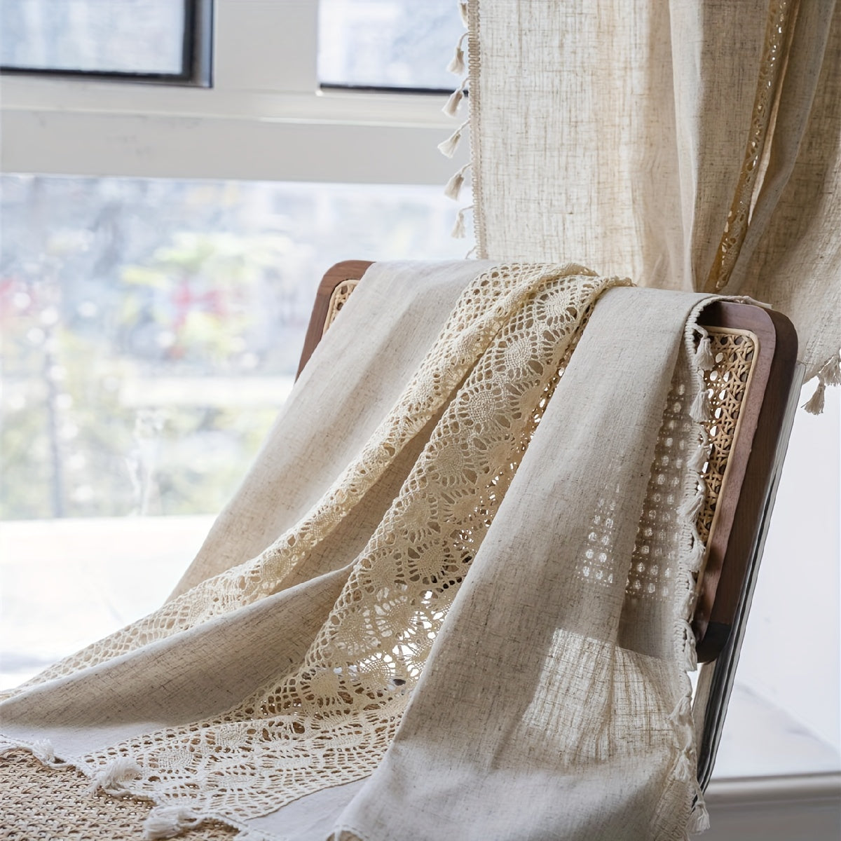 Bohem tarzidagi linen pardasi, geometrik kesimlar va tassellar bilan, UV himoyali, yorug'likni filtrlaydigan deraza bezatmasi