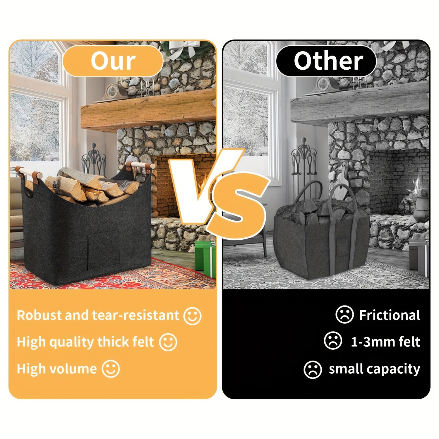 Spacious 55L Wooden Log Basket with Felt, Foldable Firewood Holder, Dark Gray