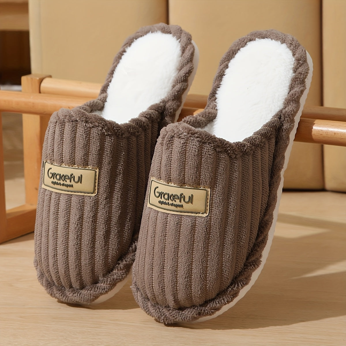 Women's Fleece Slippers with Striped Pattern Indoor/outdoor Non-slip Plush Sole