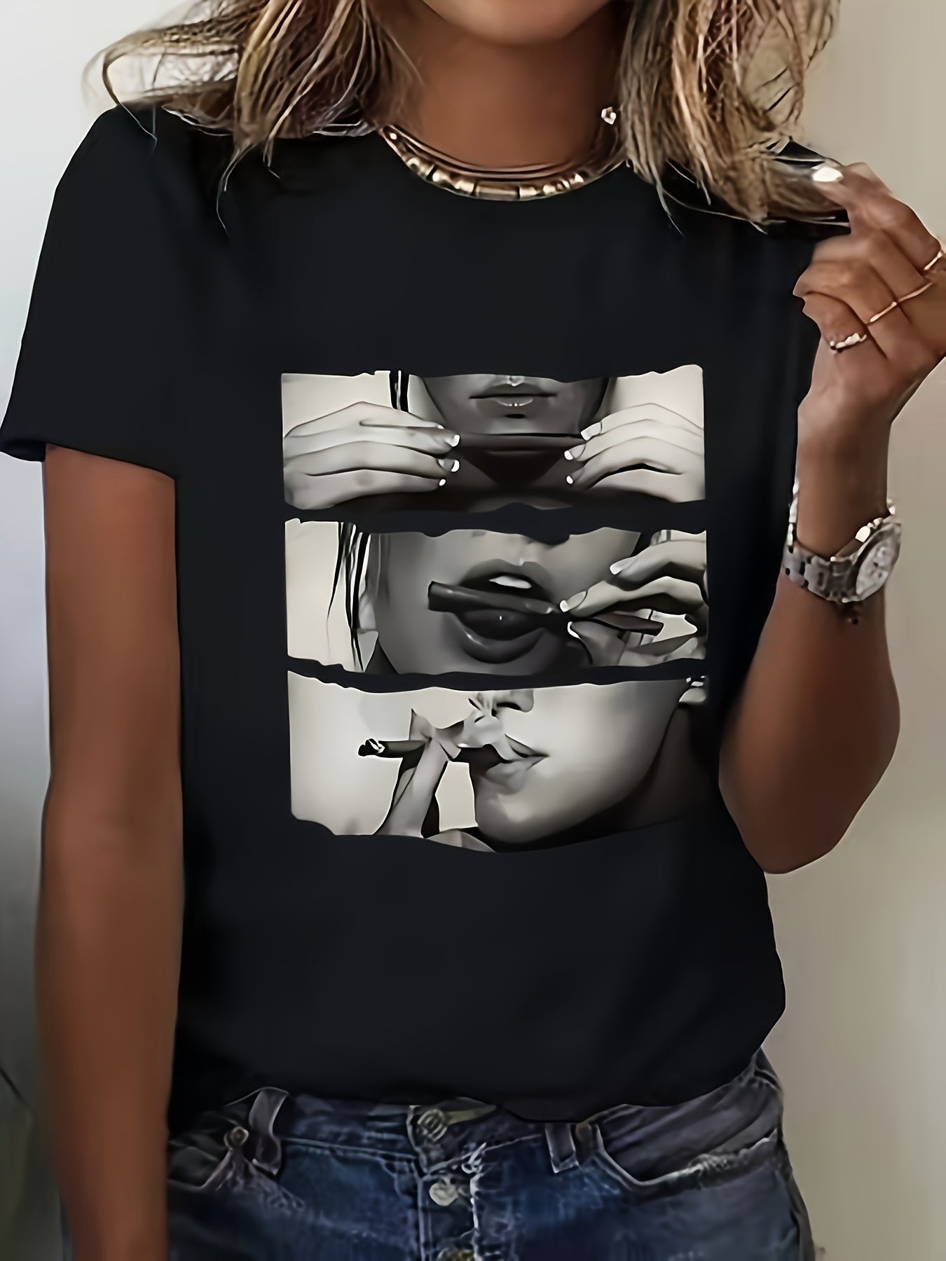 Women's Retro Artistic Print T-Shirt Black Short Sleeve Casual Top