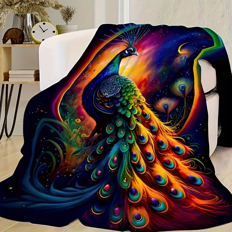 Peacock Print Flannel Blanket Soft Cozy Throw for Home Office Camping Travel