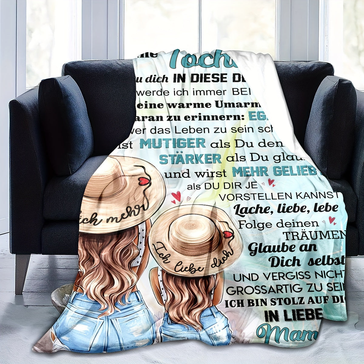 German Letter Blanket - 1PC Mother-Daughter Love Flannel Blanket, Featuring Digital Print, Cozy Warm Fleece Hug Throw Blanket, Sentimental Gift for Home Decor