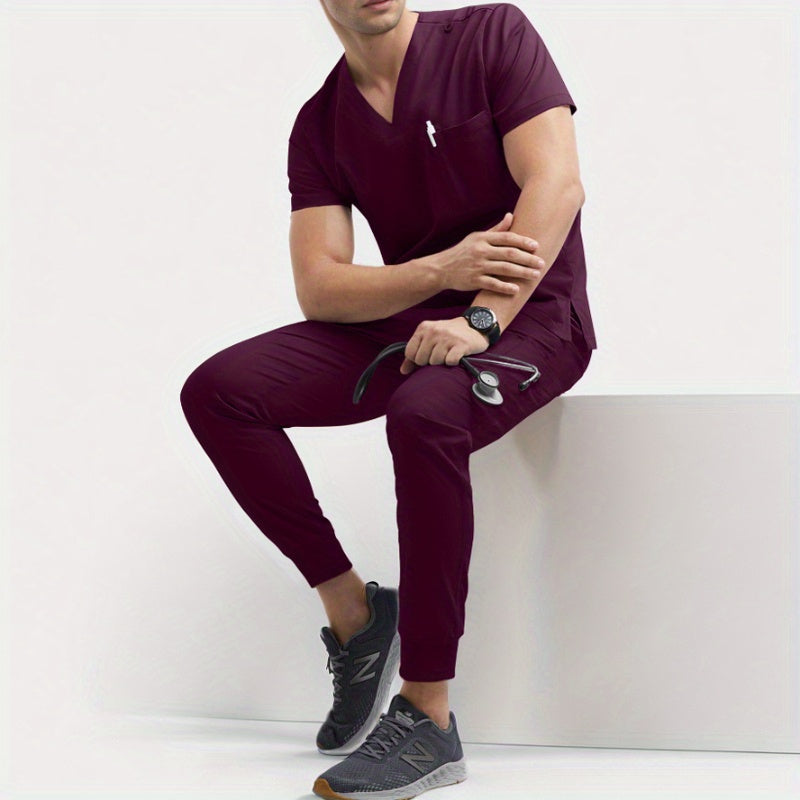 Women's Summer Doctor Uniform Set Large Size Polyester Spandex Fitted Short Sleeve Black Blue Rose Red