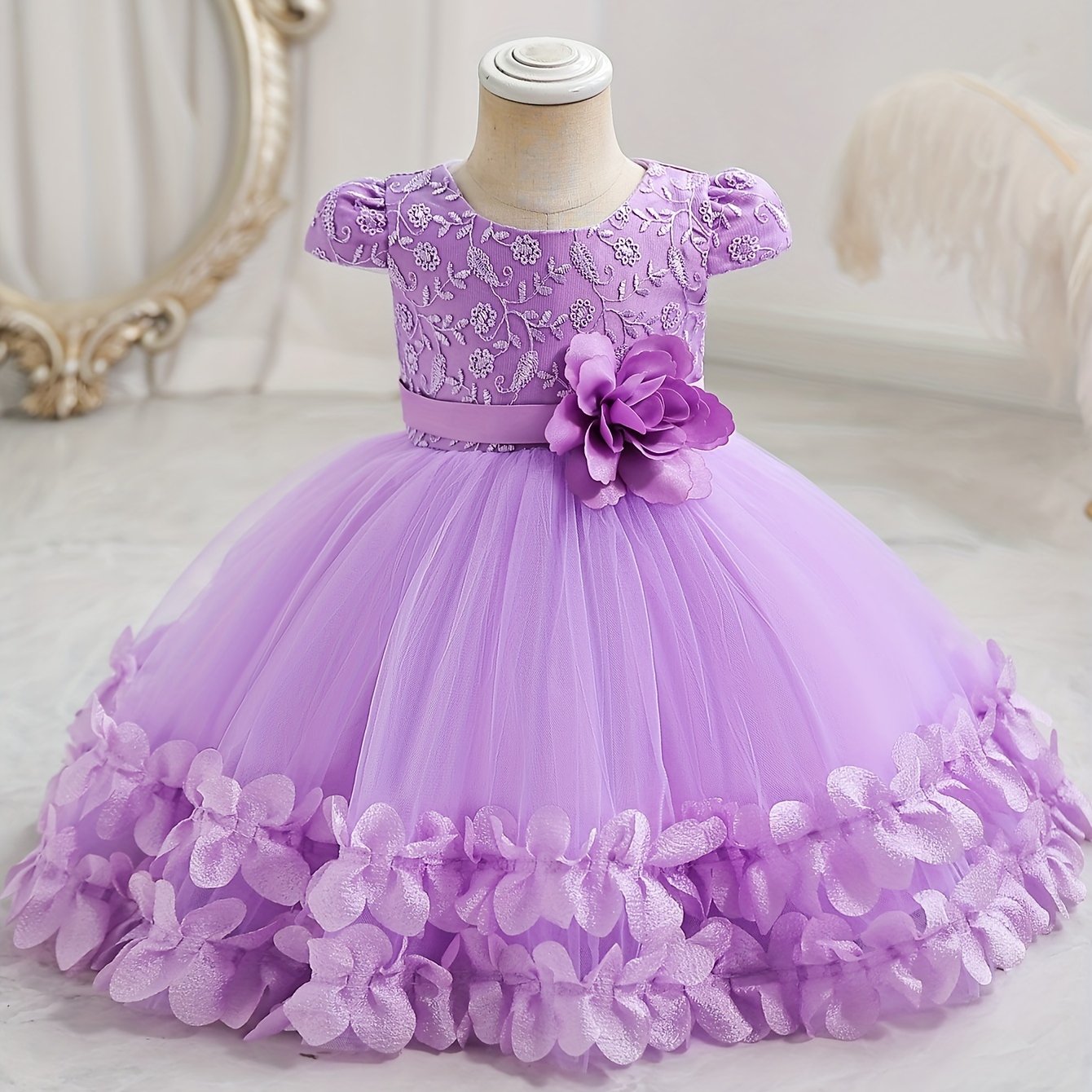 Vestido de princesa con malla para niñas pequeñas, con capucha de flores y mangas cortas para eventos formales