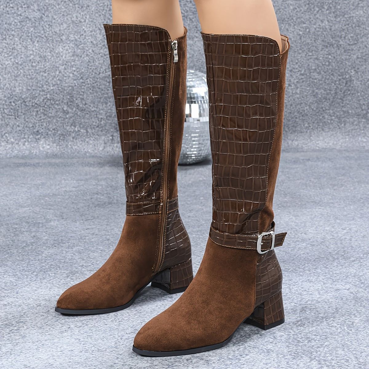 Wine Red Mid-Heeled Knee-High Boots with Pointed Toe and Side Zippers