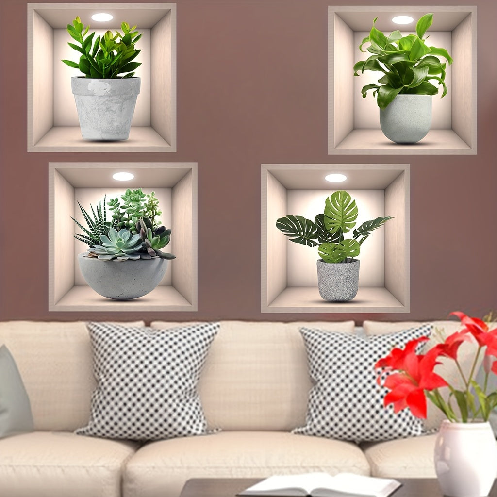 Set of 4 Green Potted Plant Wall Decals Waterproof Removable PVC Stickers for Home Office Room