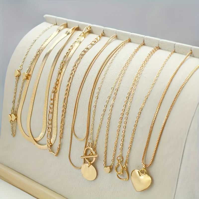 Vintage Alloy Necklace Set with Heart and Geometric Pendants for Daily Wear and Parties