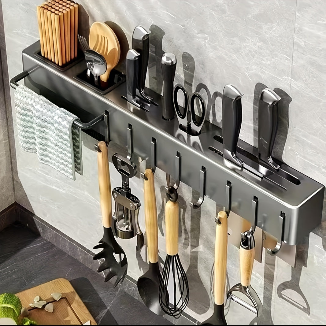Carbon Steel Wall-Mounted Utensil Holder with Towel Bar and Drain Basket