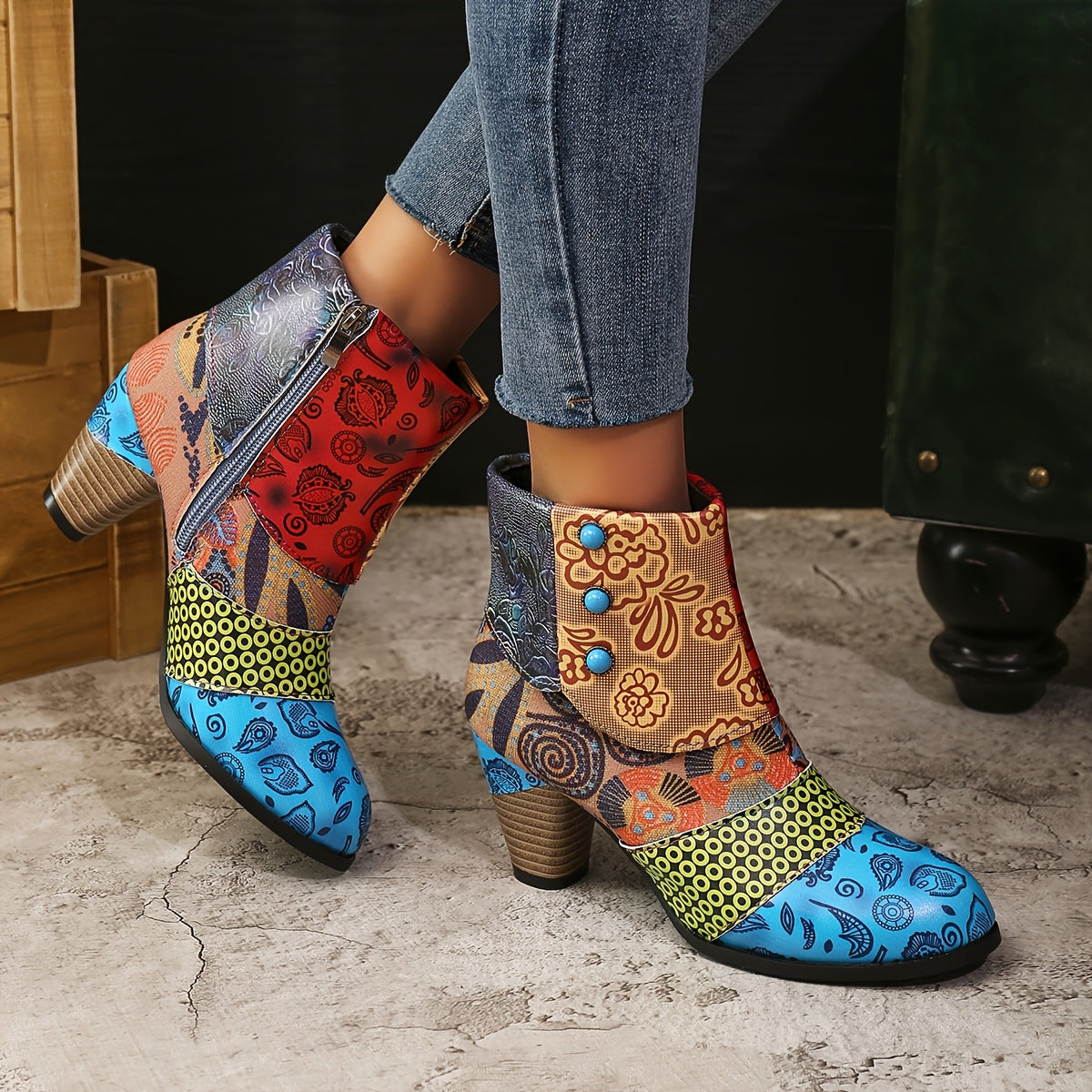 Women's Vintage Ethnic Style High Heel Ankle Boots Black Leather