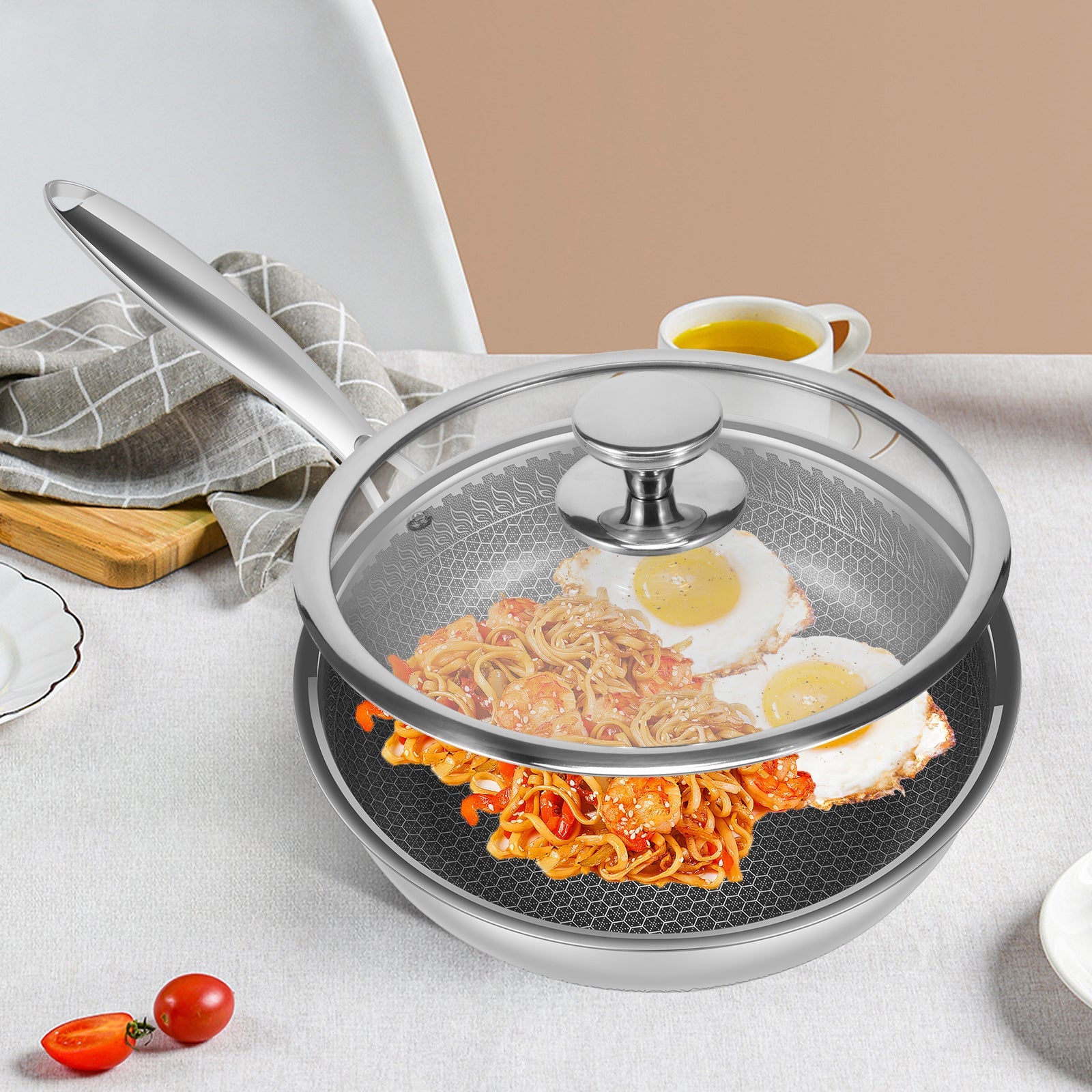 Stainless Steel Frying Pan with Lid 25.4cm Nonstick Induction Compatible