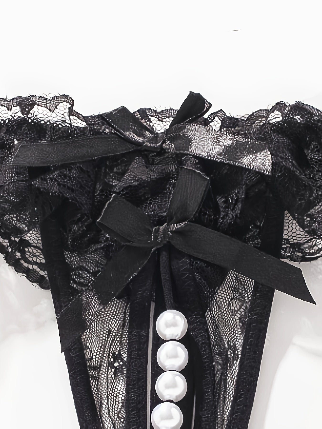 Women's Lace Thongs with Bow Knot Faux Pearl Decoration Open Crotch Lingerie