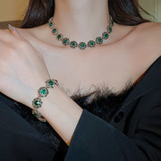 Women’s Jewelry Set with Green Rhinestones Necklace Bracelet Earrings for Special Occasions